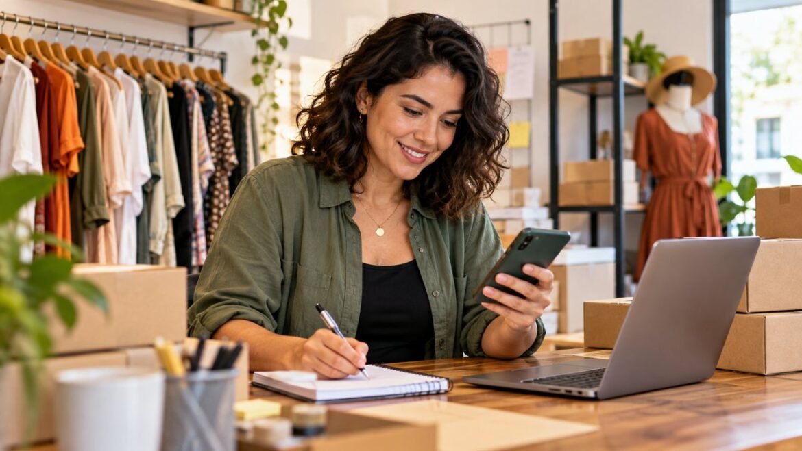 Empreendedora planejando a comunicação da campanha com celular e caderno em sua loja.