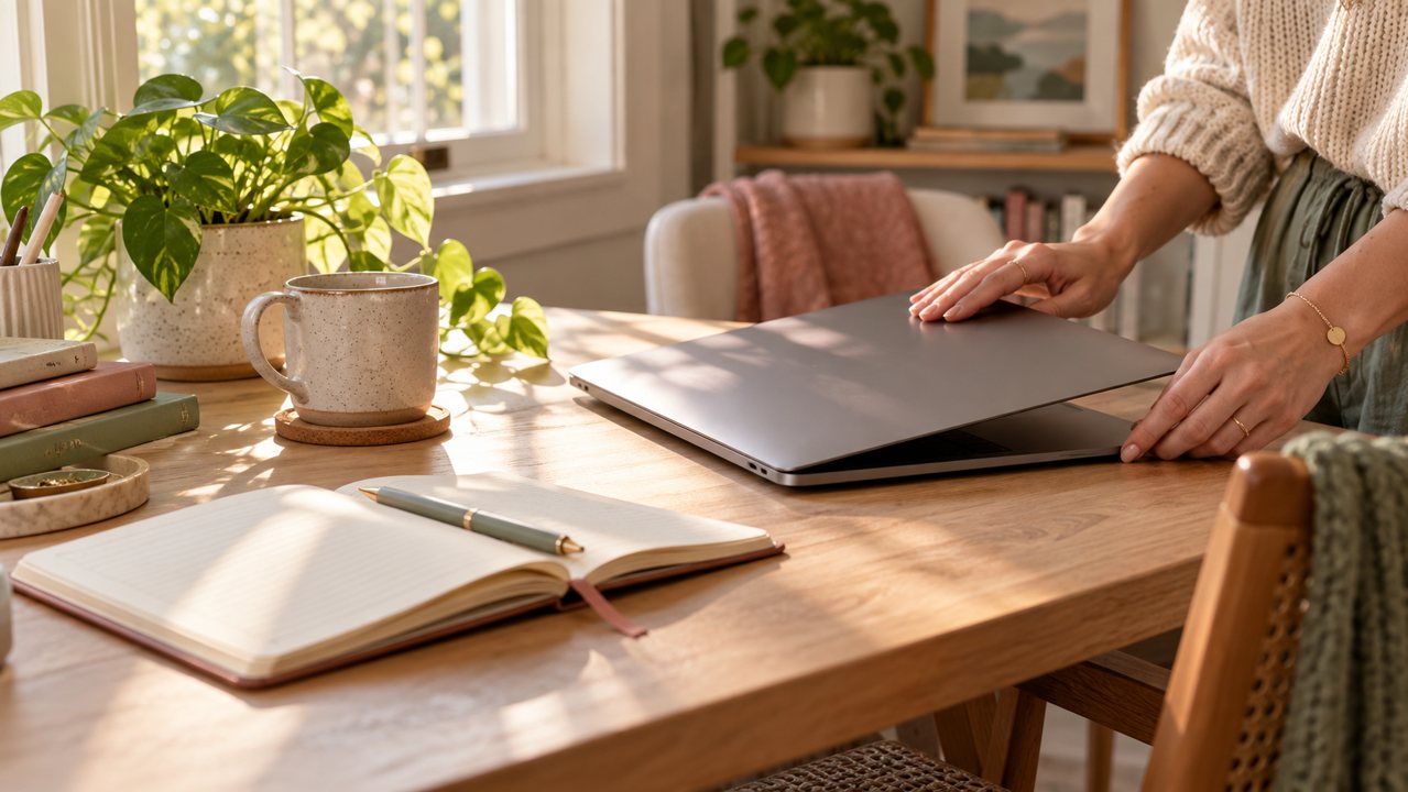 Mãos fechando um computador sobre uma mesa com caderno e caneta.