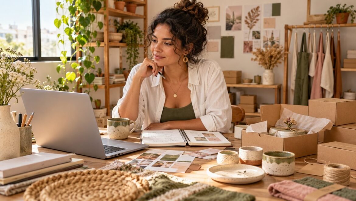 Empreendedora planejando um negócio com notebook e amostras de produtos