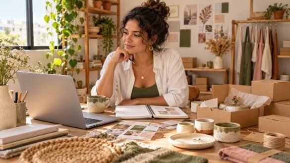 Empreendedora planejando um negócio com notebook e amostras de produtos