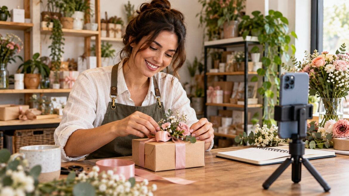 Empreendedora preparando uma embalagem de presente diante de um celular em tripé.
