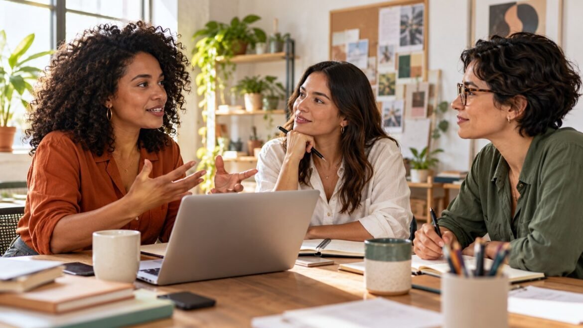 Três mulheres compartilhando ideias em uma mesa de trabalho com notebook e cadernos.