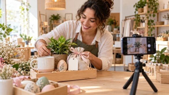 Empreendedora fotografando uma composição com caneca, planta e embalagem de presente.