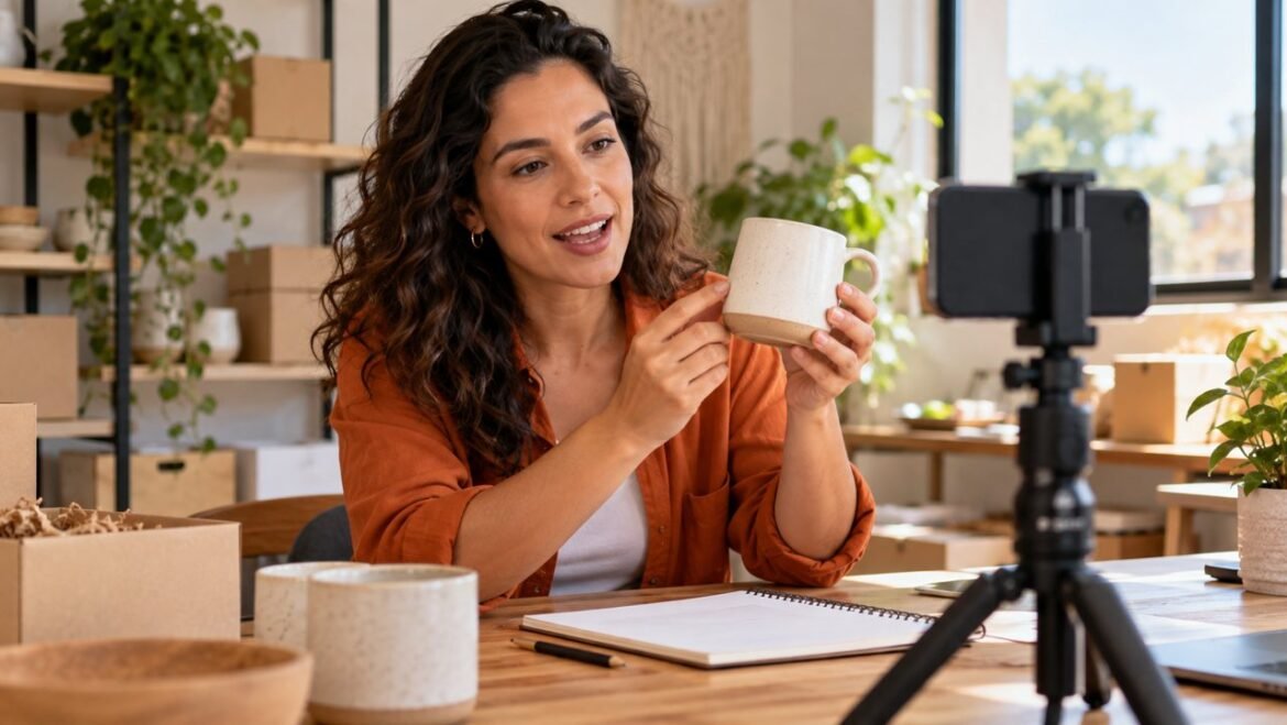 Empreendedora demonstrando uma caneca diante de celular em tripé para gravar conteúdo.