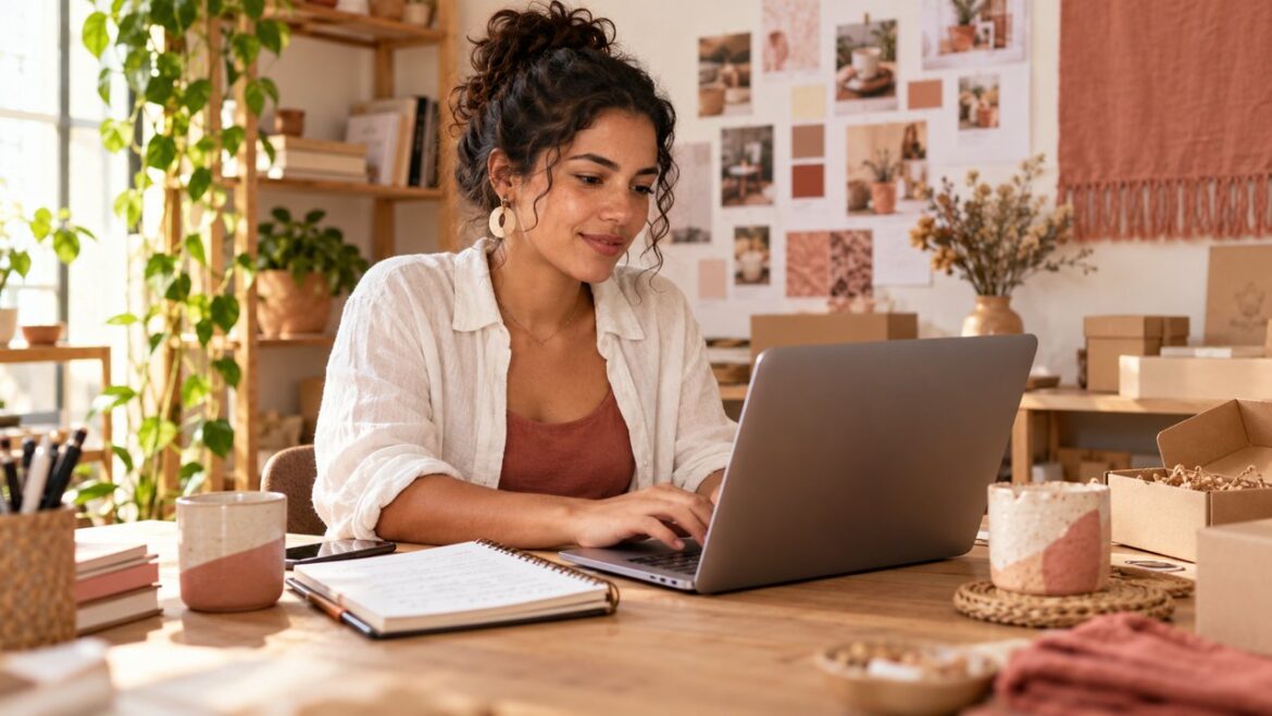 Empreendedora trabalha no computador com um caderno de anotações em uma pequena empresa.