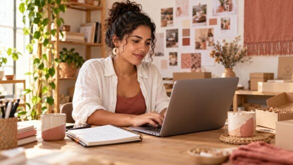 Empreendedora trabalha no computador com um caderno de anotações em uma pequena empresa.
