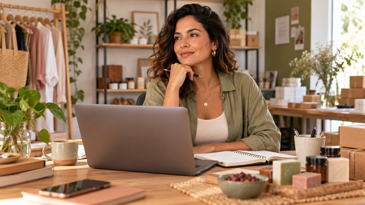 Empreendedora trabalhando com notebook em um pequeno negócio