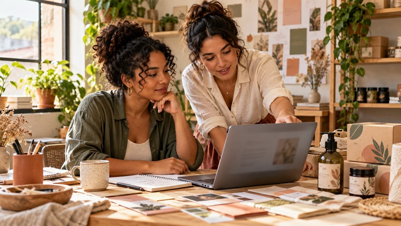 Duas empreendedoras revisando materiais no notebook em um estúdio