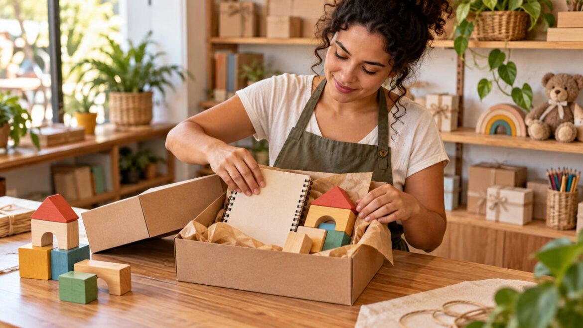 Empreendedora organizando um kit de presente em uma caixa de papel kraft