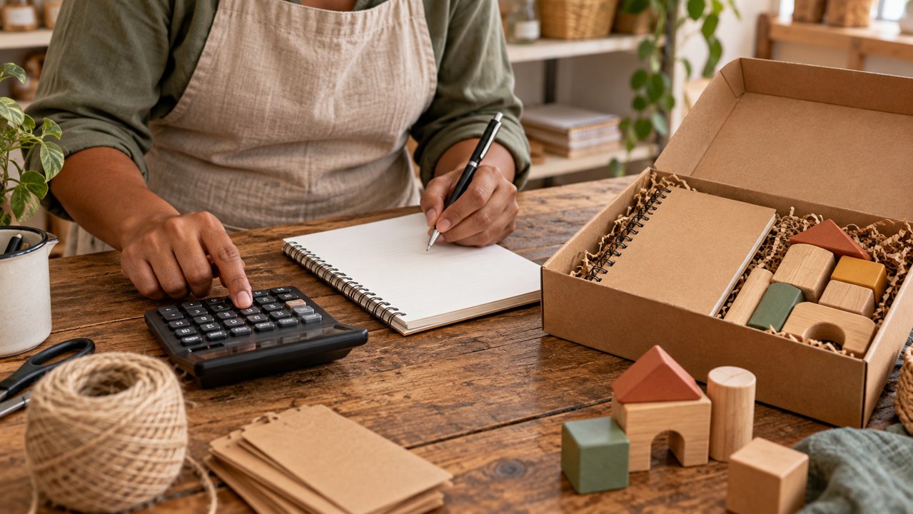 Empreendedora utilizando calculadora e caderno ao lado de um kit de presente