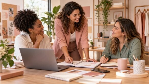 Empreendedora conversa com duas integrantes da equipe