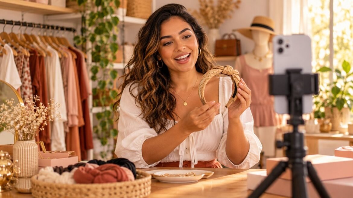 Empreendedora apresenta acessório para uma transmissão ao vivo