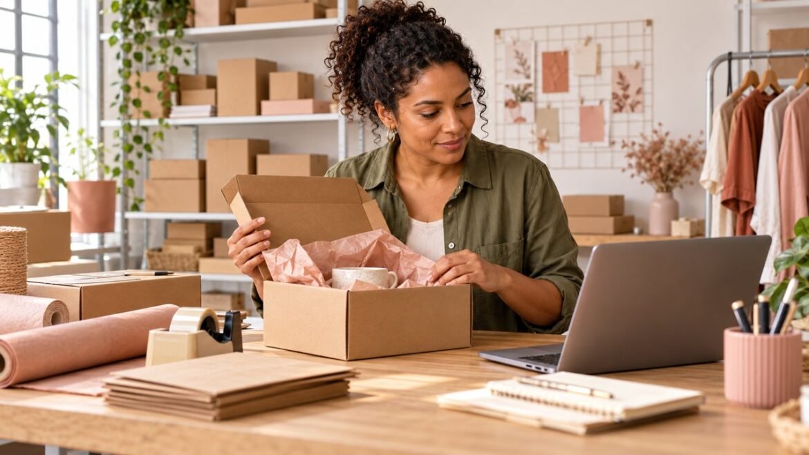 Empreendedora confere uma encomenda na bancada de expedição