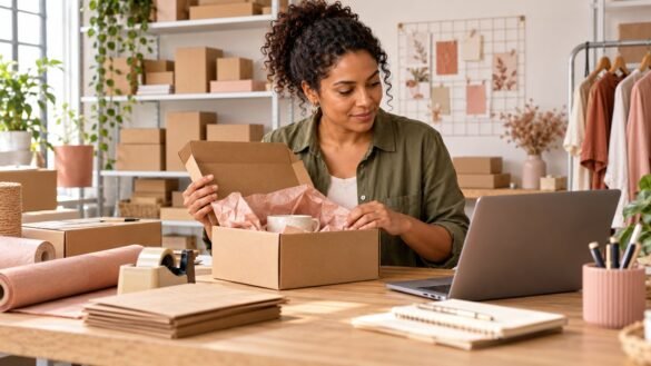 Empreendedora confere uma encomenda na bancada de expedição