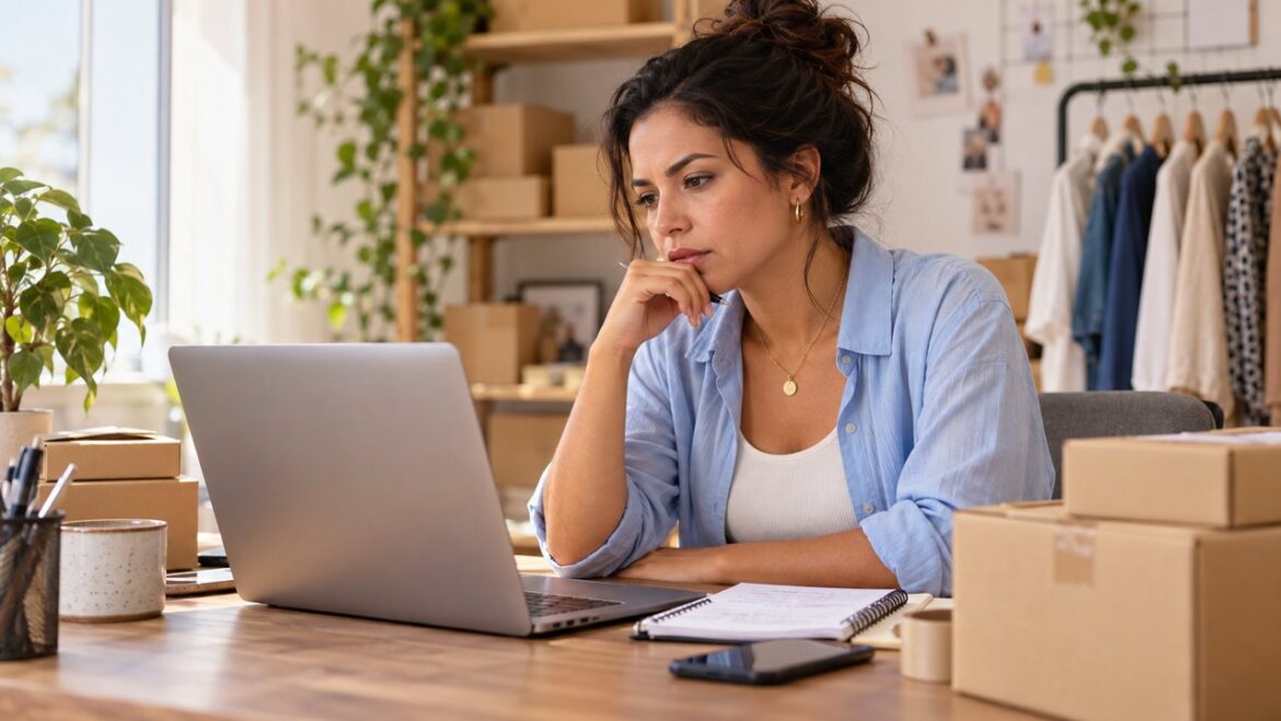 Empreendedora analisando a loja virtual no notebook e anotando pontos para revisão