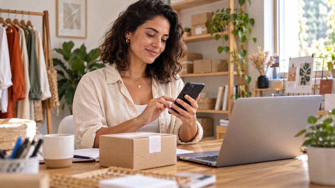 Empreendedora usando o celular ao lado de um notebook e uma embalagem de envio.