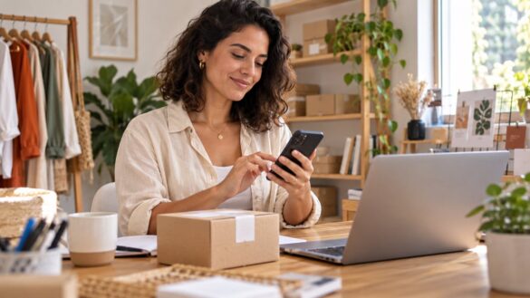 Empreendedora usando o celular ao lado de um notebook e uma embalagem de envio.