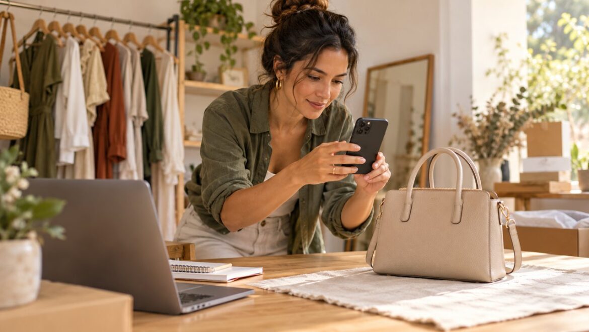 Empreendedora fotografando uma bolsa para apresentar os produtos de sua loja