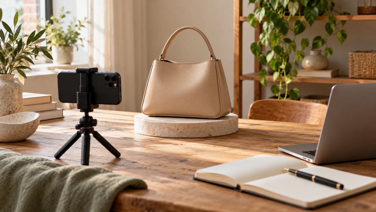 Bolsa, celular em tripé e caderno em uma mesa de produção de conteúdo para loja