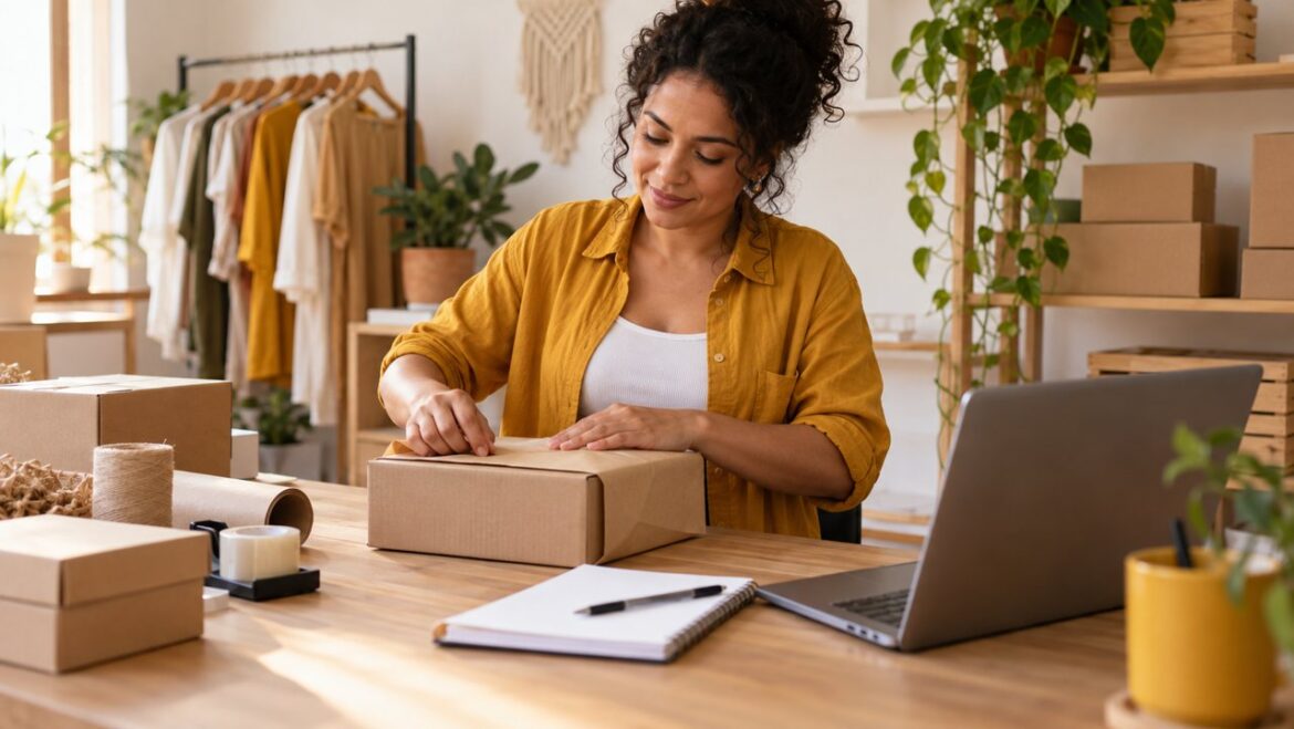 Empreendedora preparando uma caixa de pedido em sua operação de vendas online