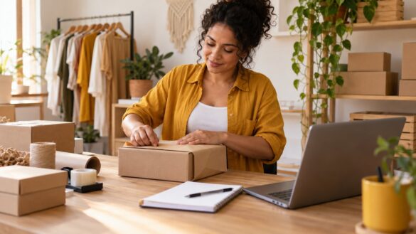 Empreendedora preparando uma caixa de pedido em sua operação de vendas online