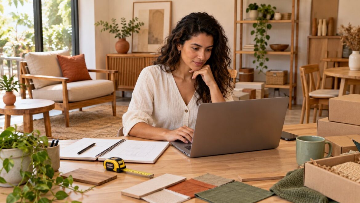 Empreendedora planejando uma loja virtual de móveis