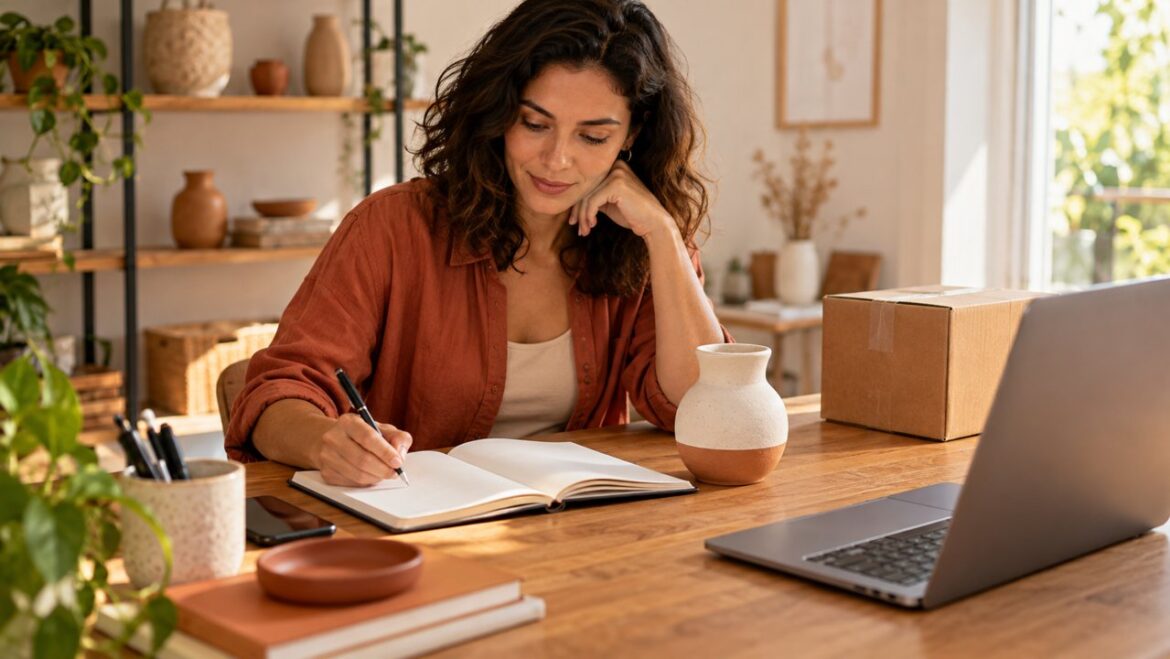 Empreendedora planejando sua loja online com caderno, notebook e amostra de produto