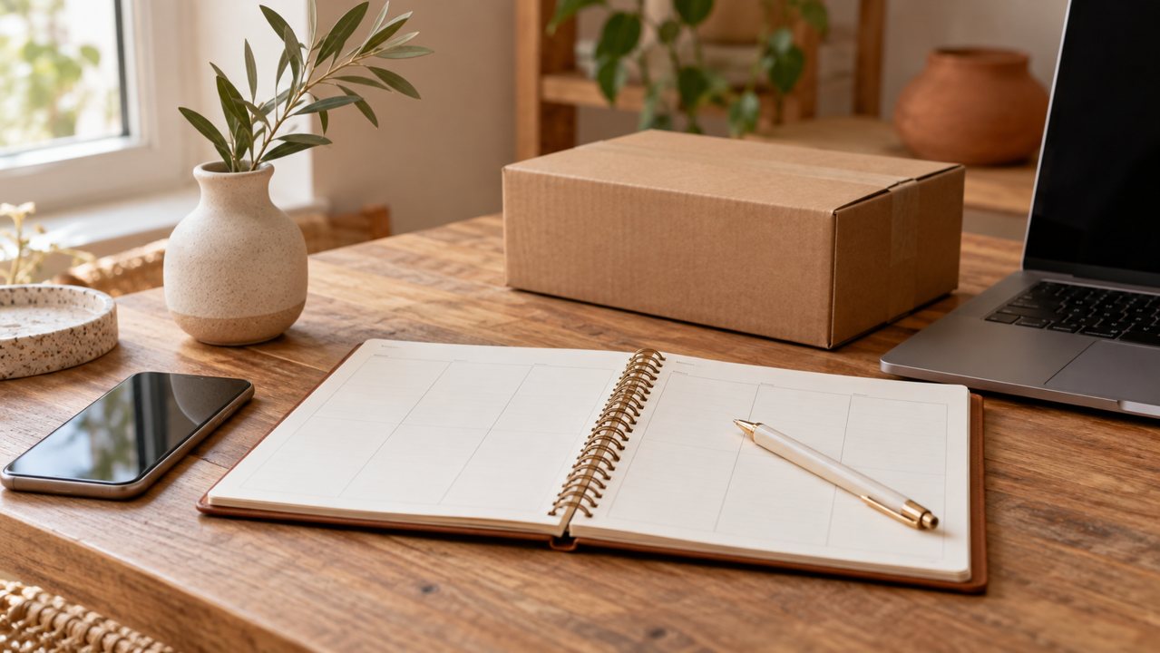 Planner, vaso, caixa e notebook em uma mesa de planejamento de loja online