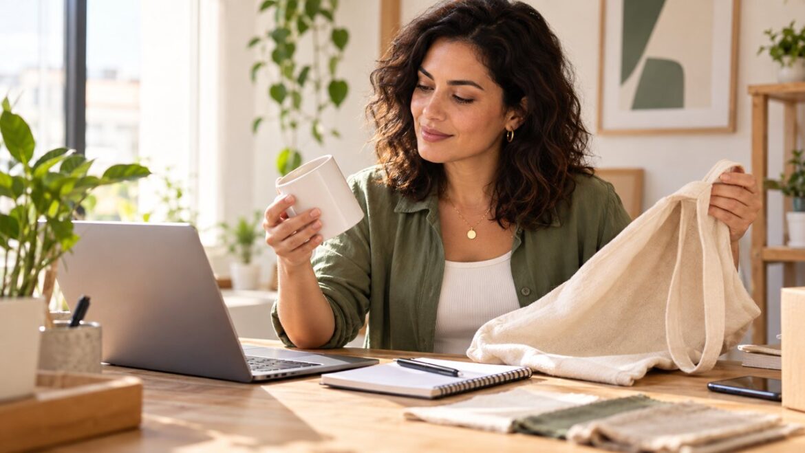 Empreendedora conferindo amostras de caneca e bolsa para planejar sua loja virtual