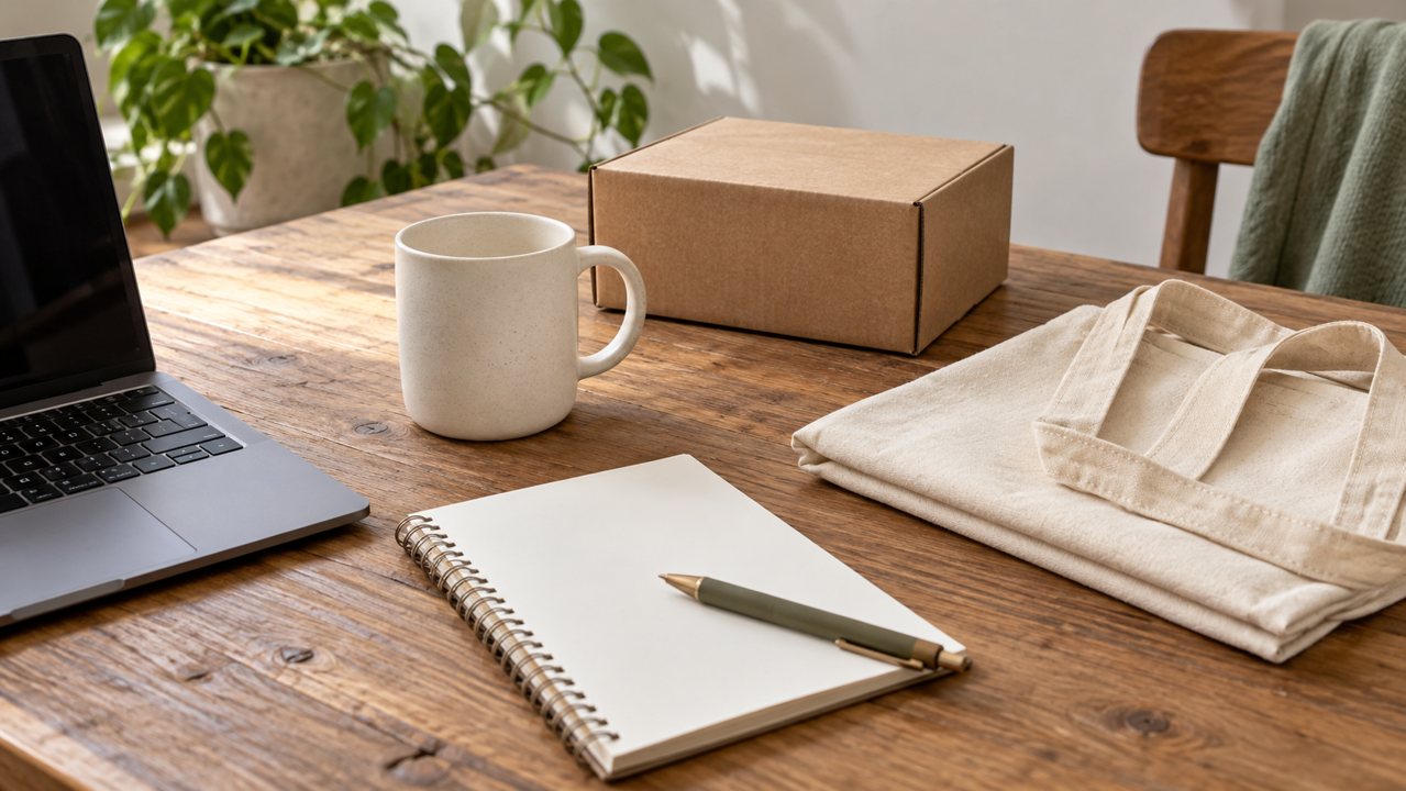 Amostras de caneca e bolsa, caderno e caixa em uma mesa de planejamento de loja virtual