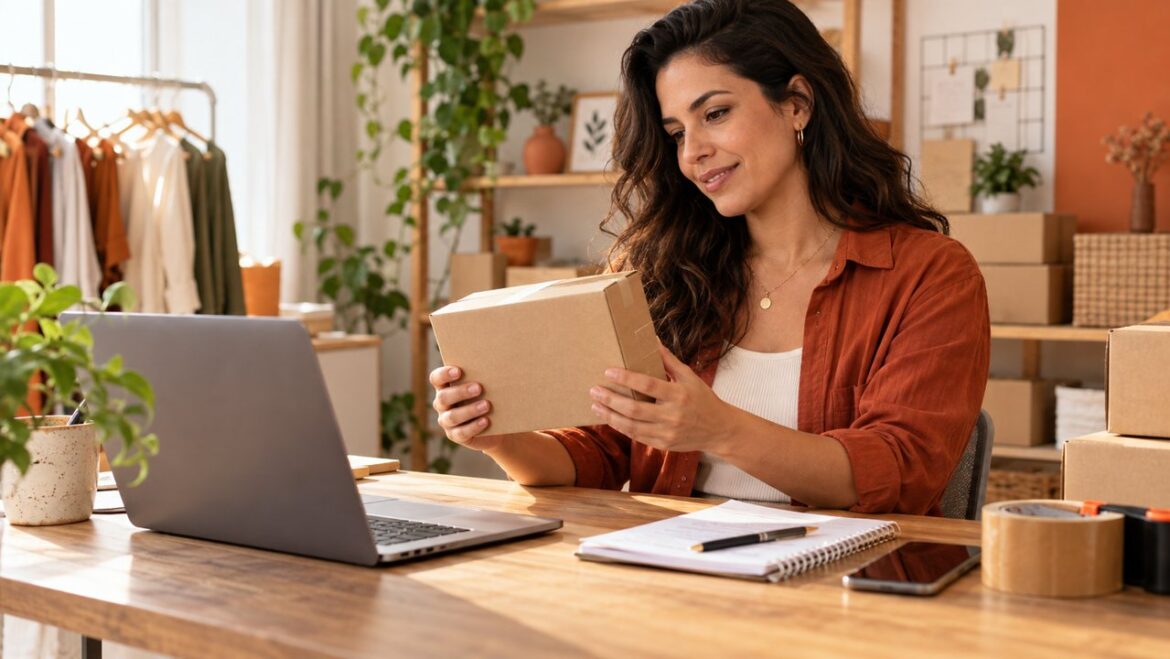 Empreendedora conferindo uma caixa de pedido em sua operação de vendas online
