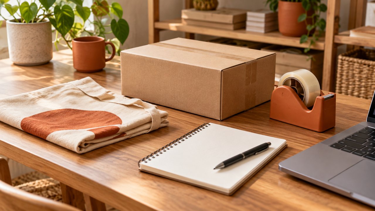 Caixa, produto de tecido, caderno e materiais de embalagem sobre uma mesa de trabalho