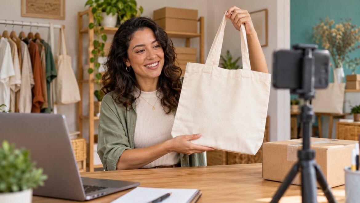 Empreendedora demonstrando uma bolsa de tecido para um celular em tripé