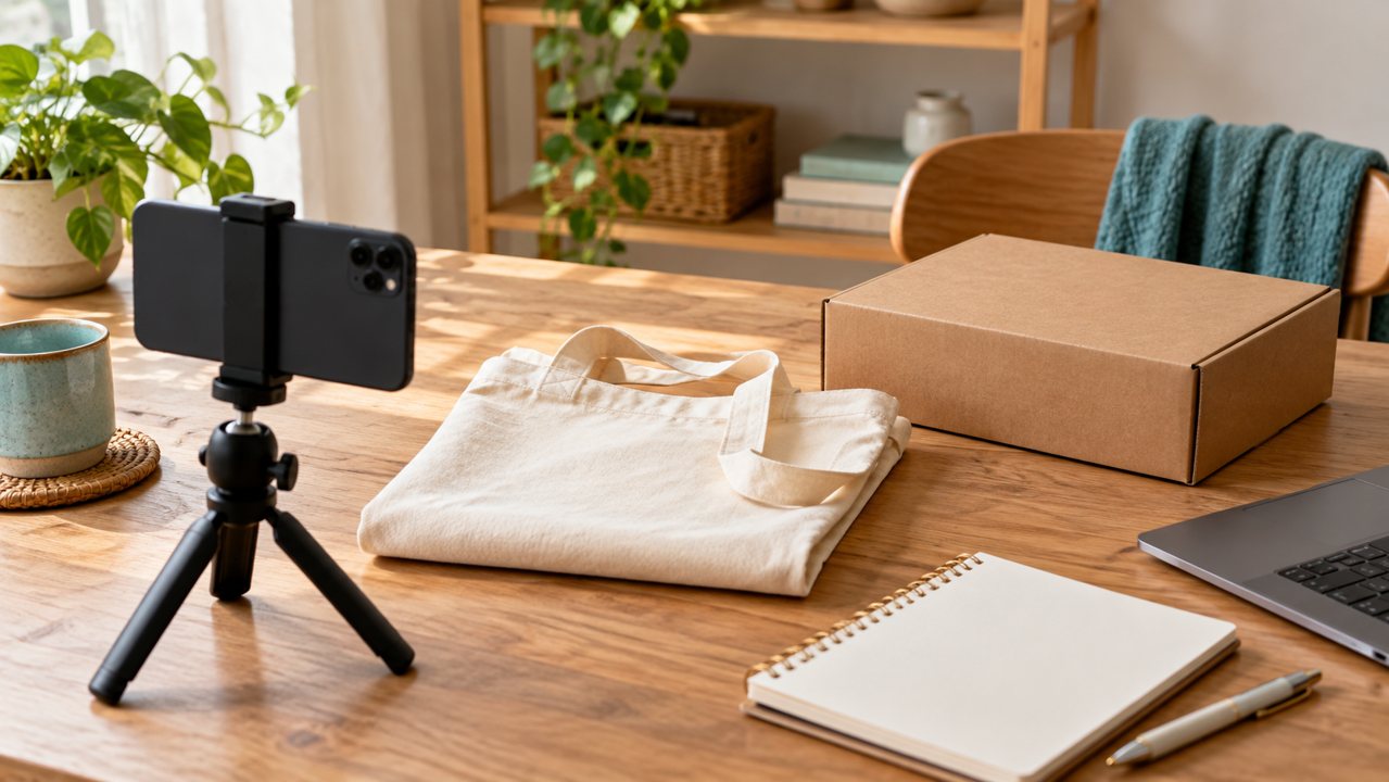 Celular em tripé, bolsa de tecido e caixa em uma mesa de produção de conteúdo