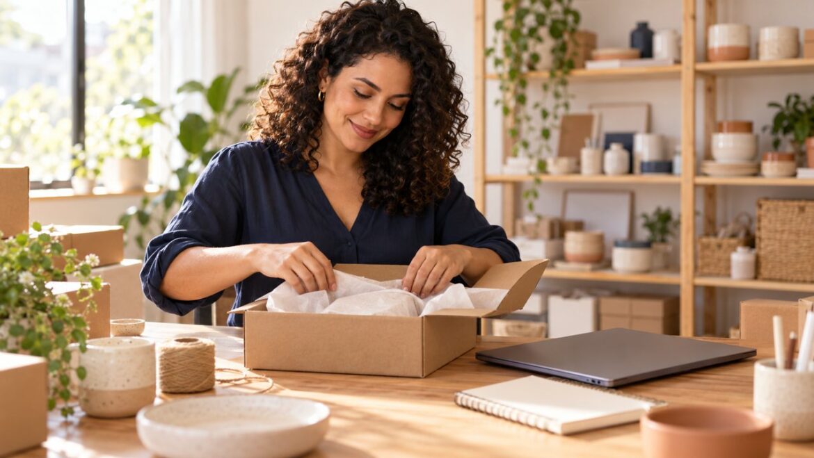 Empreendedora prepara uma embalagem de pedido em um pequeno estúdio de e-commerce