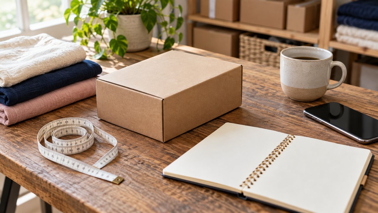 Caixa de envio, caderno e materiais de medição para planejar a operação de uma loja virtual