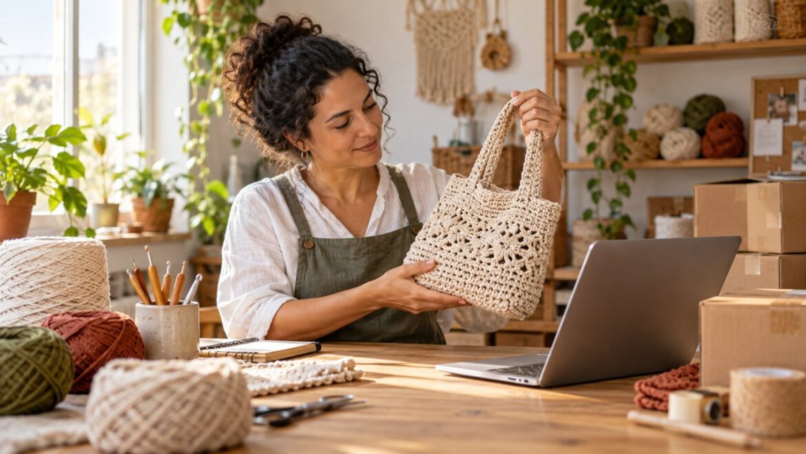 Artesã conferindo uma bolsa de crochê ao lado de um computador no ateliê