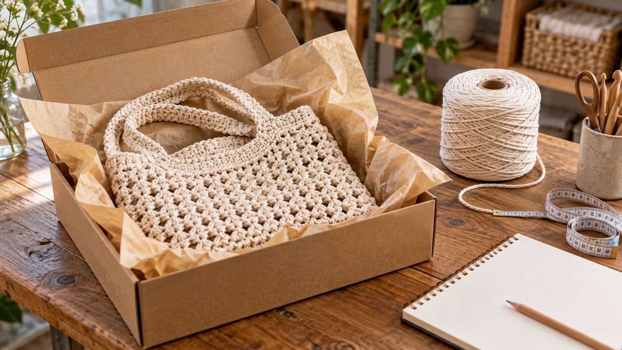 Bolsa de crochê em caixa aberta com papel de proteção e materiais de ateliê