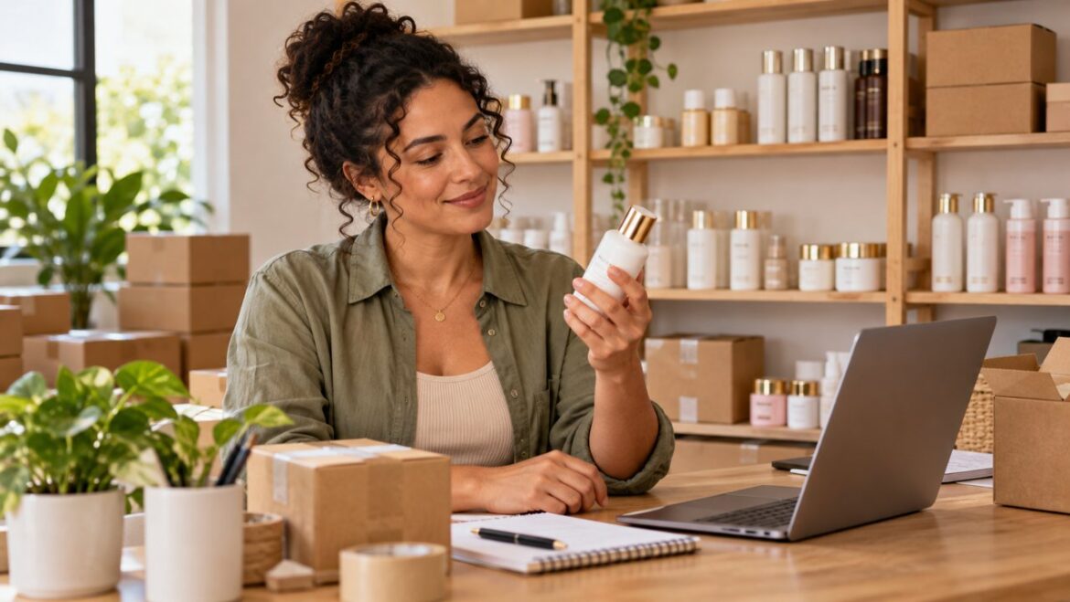 Empreendedora conferindo um frasco de cosmético em um espaço organizado de estoque