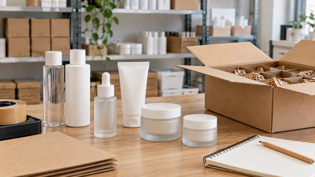 Frascos e potes de cosméticos ao lado de caixa com divisórias e materiais de embalagem