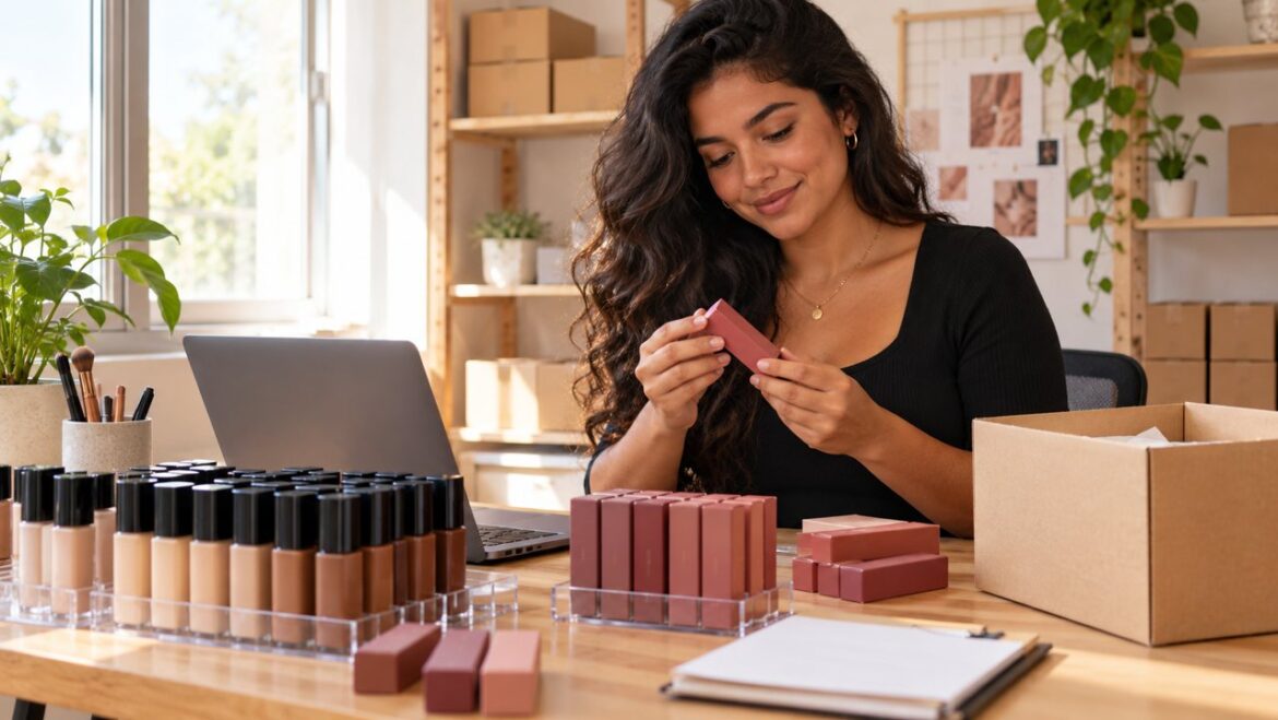 Empreendedora conferindo embalagem de maquiagem junto a bases e caixas para envio