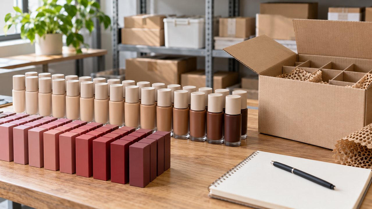 Bases em diferentes tonalidades e embalagens de batons organizadas junto a materiais de envio