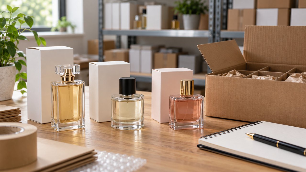 Frascos de perfume fechados, caixas e materiais de proteção em uma mesa de separação