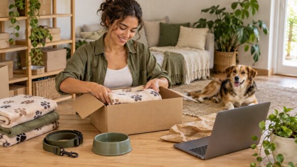 Empreendedora preparando acessórios pet para envio, com um cachorro ao fundo.
