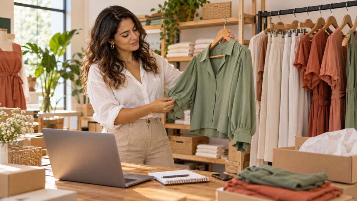 Empreendedora conferindo uma blusa verde em um espaço organizado de moda feminina