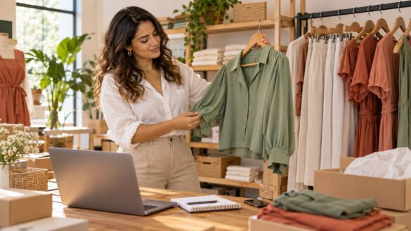 Empreendedora conferindo uma blusa verde em um espaço organizado de moda feminina