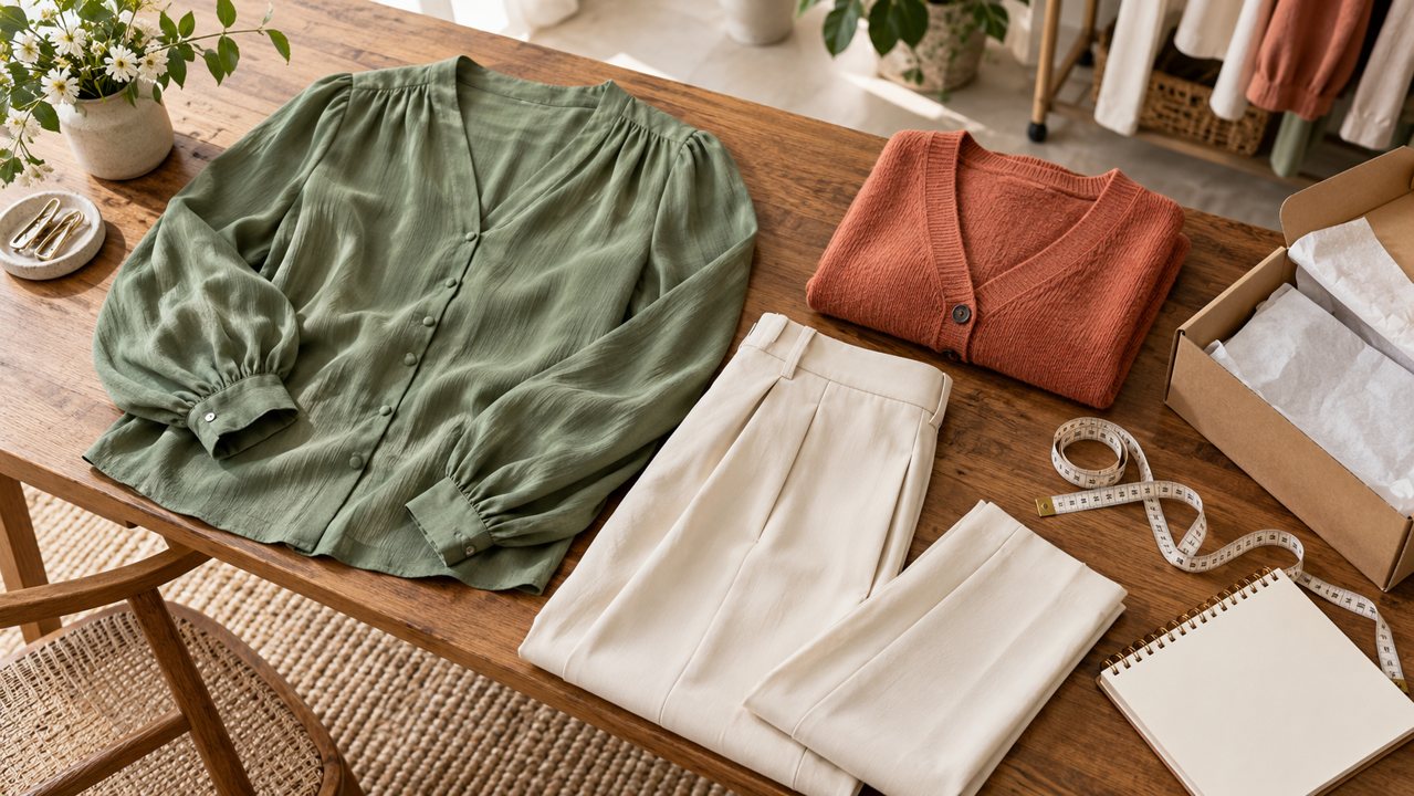 Blusa verde, calça clara e cardigan terracota sobre mesa com fita métrica e caixa