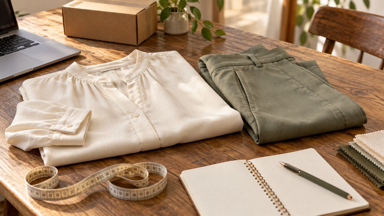 Blusa clara, calça verde, fita métrica e caderno sobre uma mesa