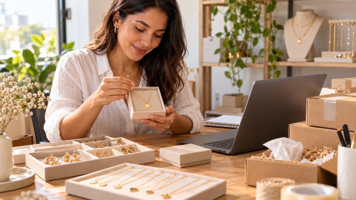 Empreendedora conferindo um colar em uma caixa junto a computador e bandejas de acessórios