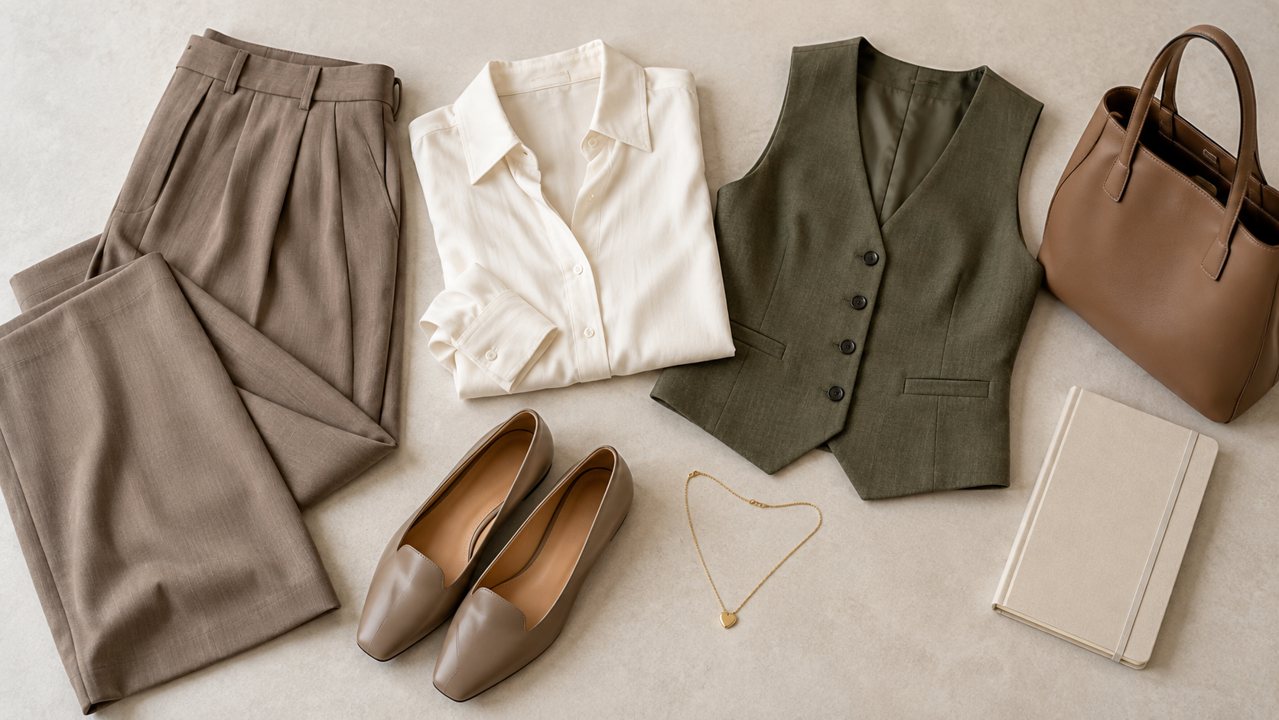 Roupas e acessórios genéricos organizados para compor looks empresariais